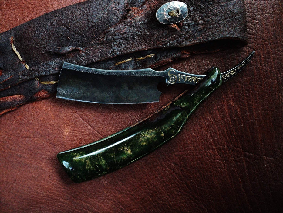 Dylan Farnham Custom Straight Razor - Green Resin With Copper, Manzanita Burl Scales-