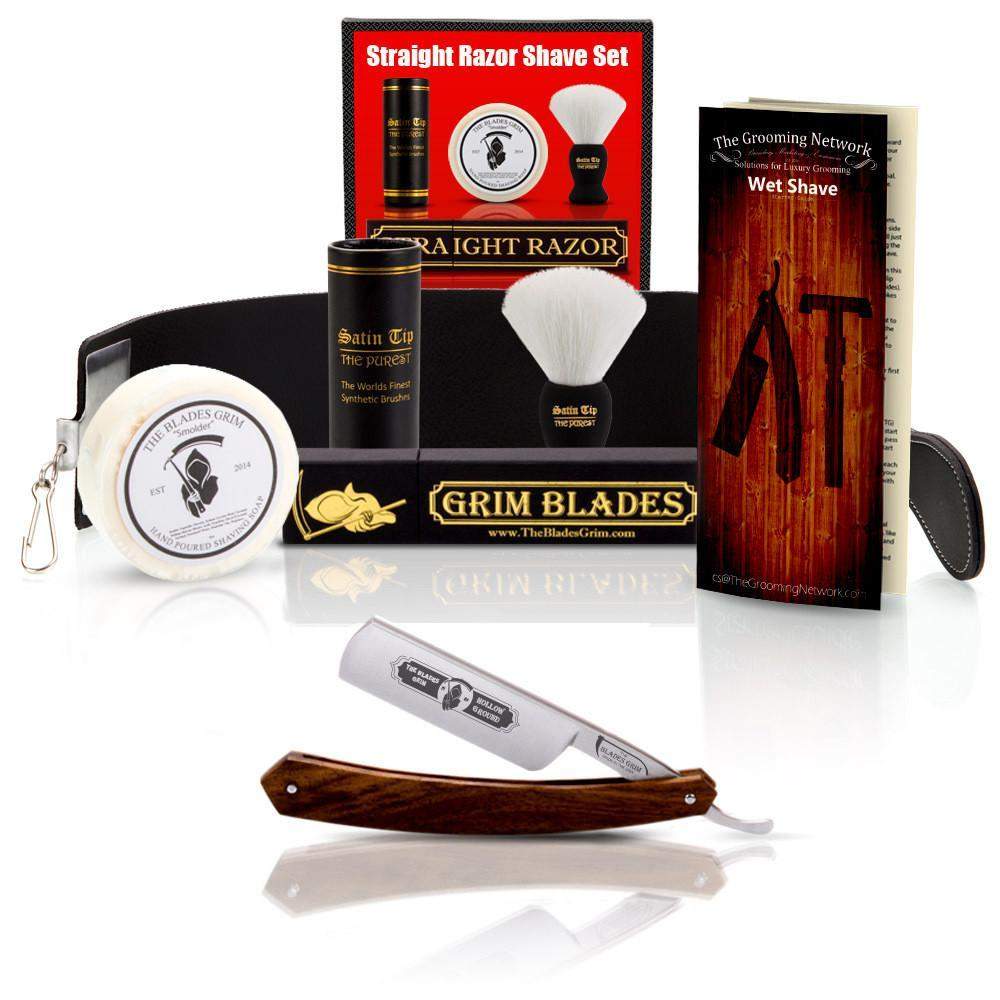Grim Blades Round Tip Exotic Rosewood Straight Razor with Luxury Kit-