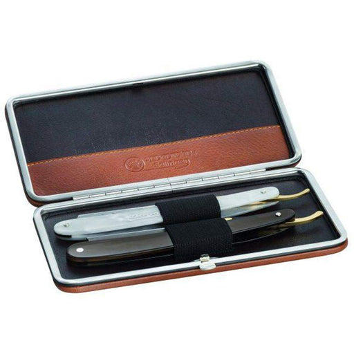 Traditional Razor Case Hard-Sided Leather Case for Two Razors-