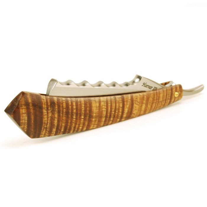 Harner 11/16 CPM154 SS Quarter-Hollow Ground Razor, with decorative spinework and curly koa scales-