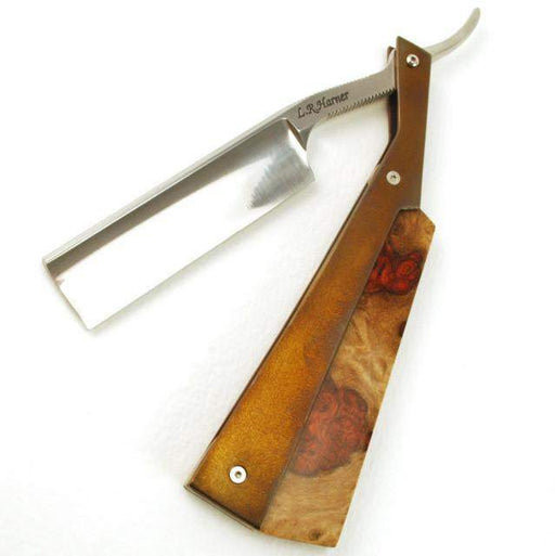 Harner 13/16 Full Hollow, 52100 Carbon Steel Razor with Titanium & Amboyna Burl Scales-