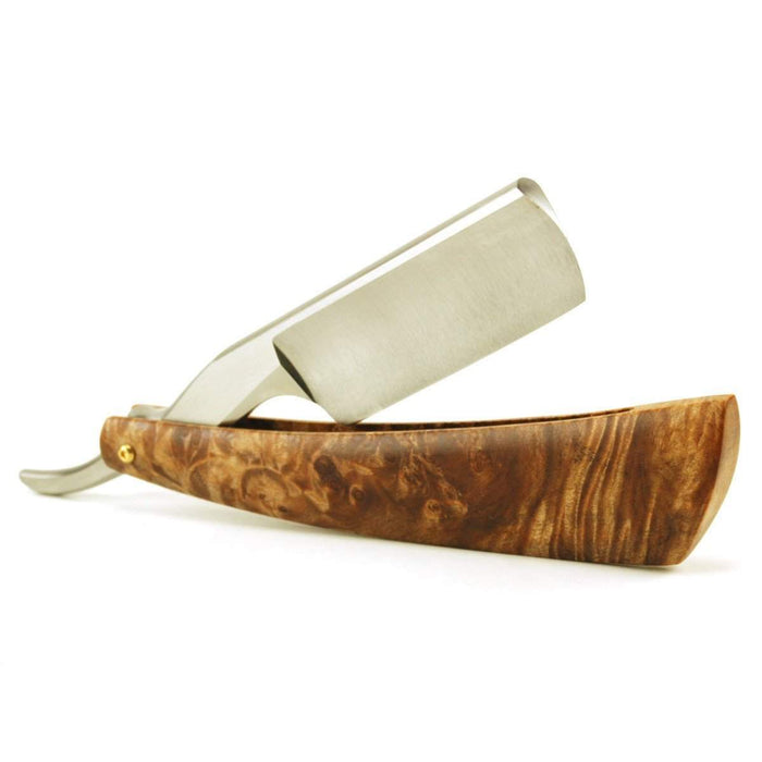 Harner 15/16 XHP Full-hollow Round Point Razor, with gold-wash screws and maple burl scales-