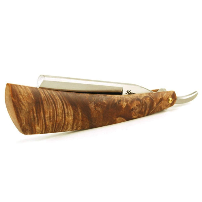 Harner 15/16 XHP Full-hollow Round Point Razor, with gold-wash screws and maple burl scales-