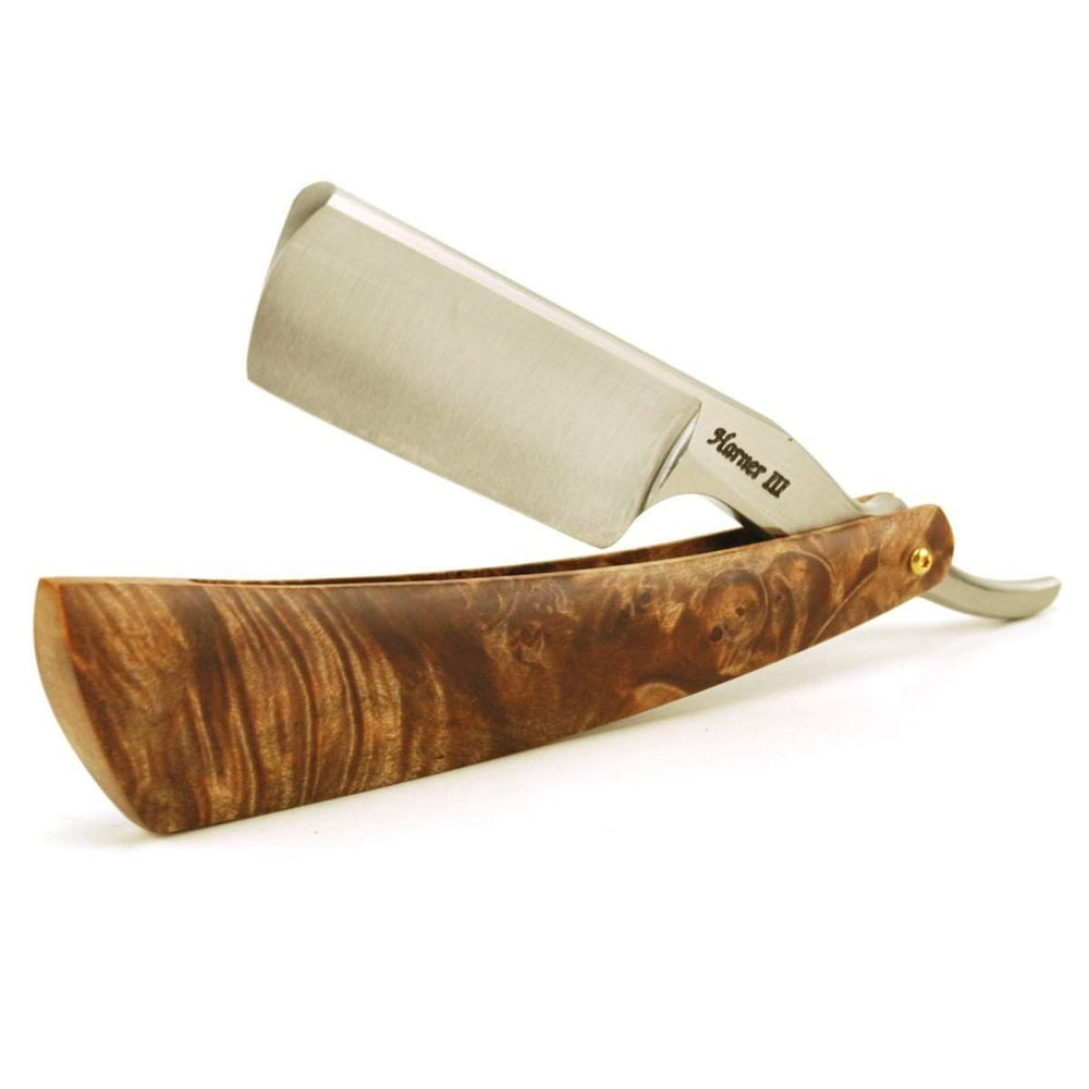 Harner 15/16 XHP Full-hollow Round Point Razor, with gold-wash screws and maple burl scales-