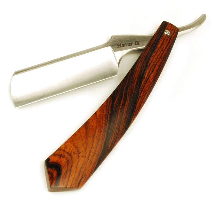 Harner 6/8 CPM154 SS Half-Hollow Ground Razor, with offset spine and cocobolo scales-