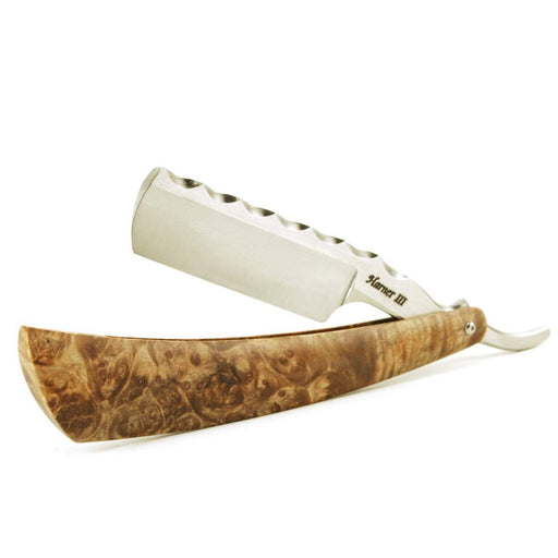 Harner 6/8 XHP Half-hollow Round Point Razor, with decorative spine and maple burl scales-