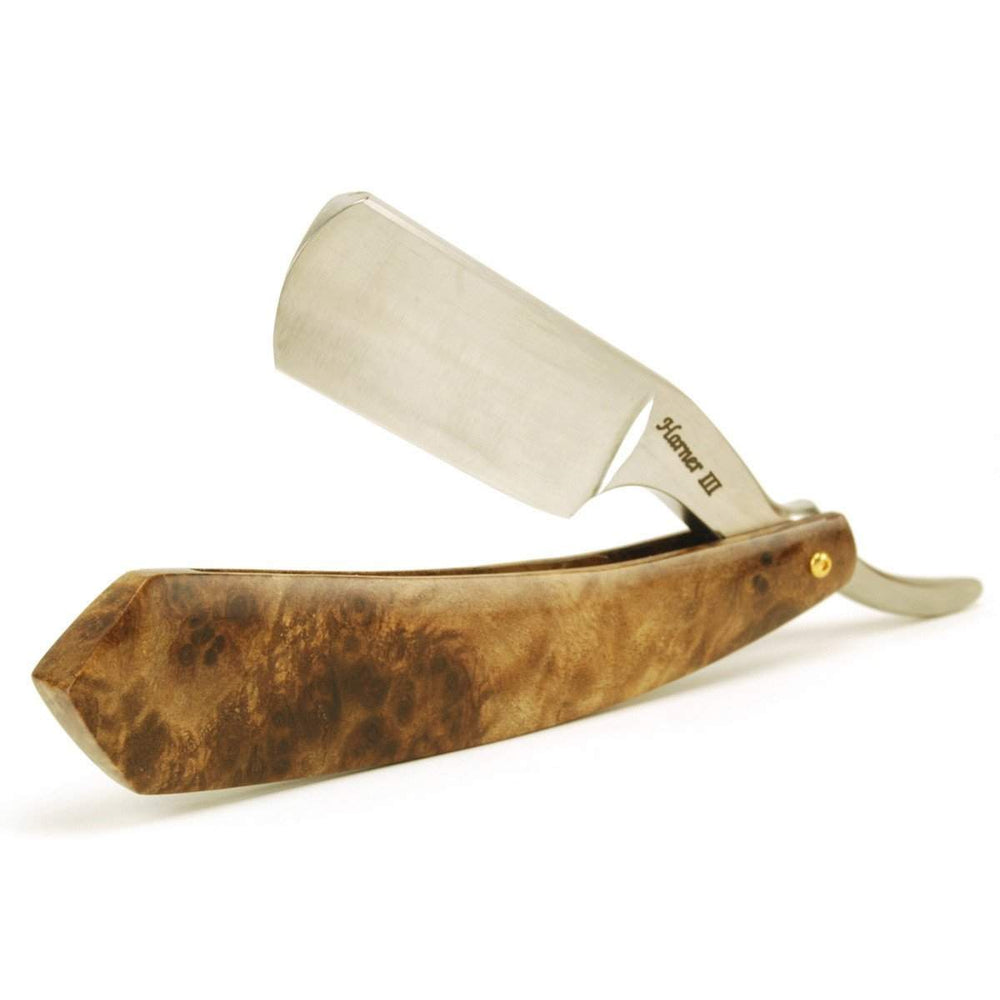 Harner 7/8 XHP Full-Hollow Ground Round Point Razor, with claro walnut burl scales-