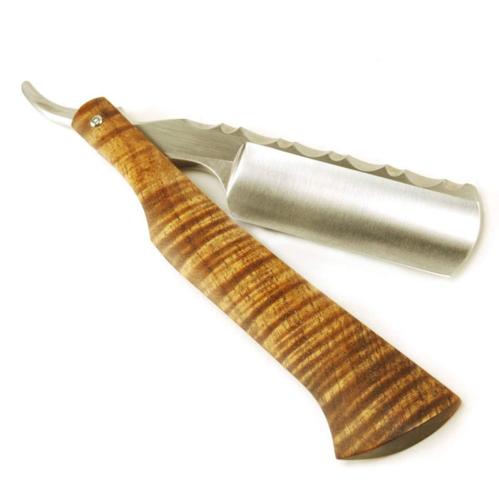 Harner 7/8 XHP Full-hollow Round Point Razor, with decorative spinework and curly koa scales-