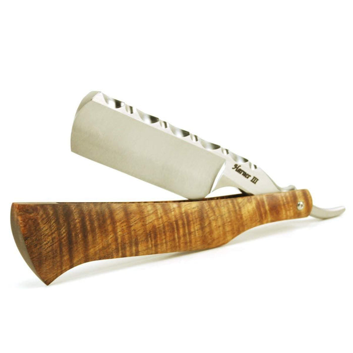 Harner 7/8 XHP Full-hollow Round Point Razor, with decorative spinework and curly koa scales-