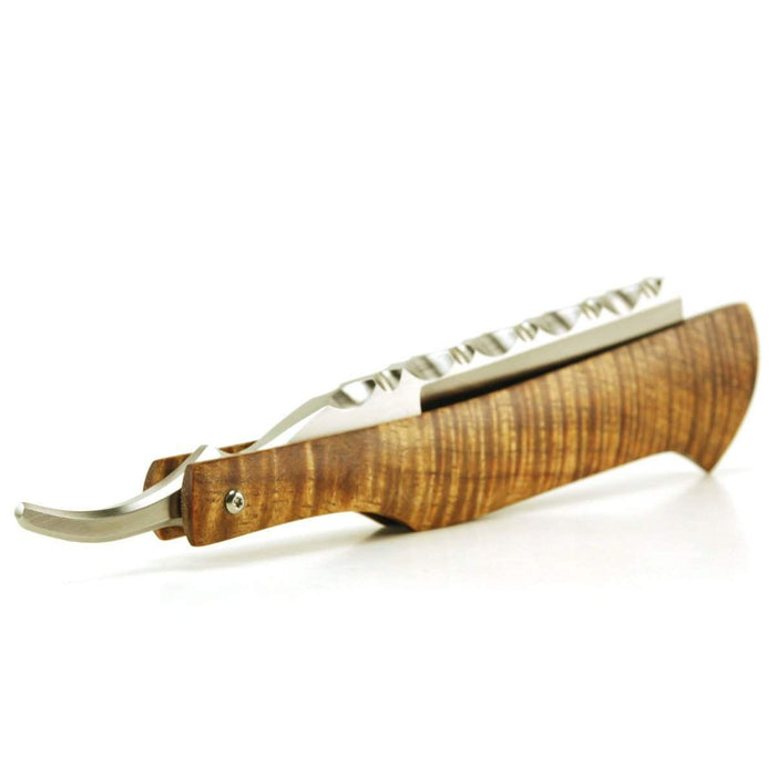 Harner 7/8 XHP Full-hollow Round Point Razor, with decorative spinework and curly koa scales-
