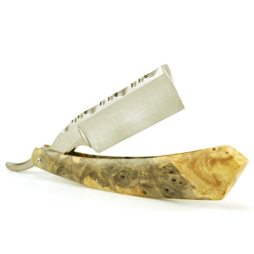 Harner 7/8 XHP Full-hollow Square Point Razor, with decorative spinework and buckeye burl scales-
