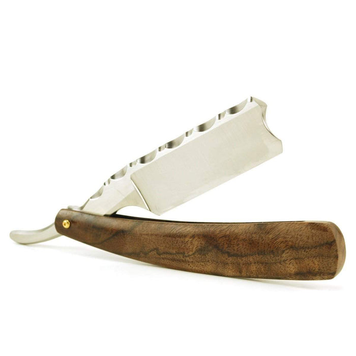 Harner 7/8 XHP Half-hollow Barber's Notch Razor, with decorative spinework and claro walnut scales-