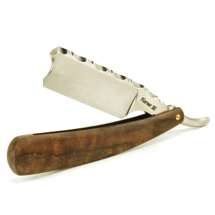 Harner 7/8 XHP Half-hollow Barber's Notch Razor, with decorative spinework and claro walnut scales-