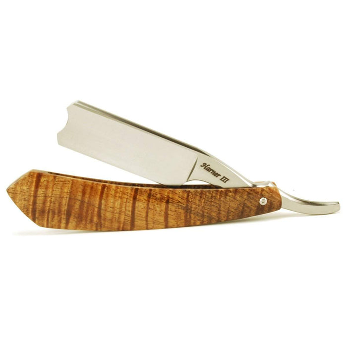Harner 7/8 XHP Quarter-Hollow Ground Barber's Notch Razor, with curly koa scales-