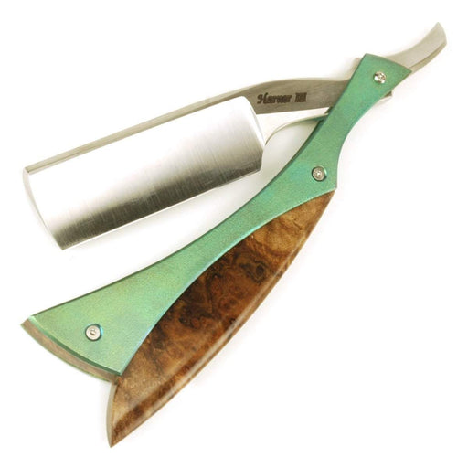 Harner 7/8 XHP Quarter-Hollow Ground "The Grasshopper" Razor, with titanium scales and claro walnut burl spacer-